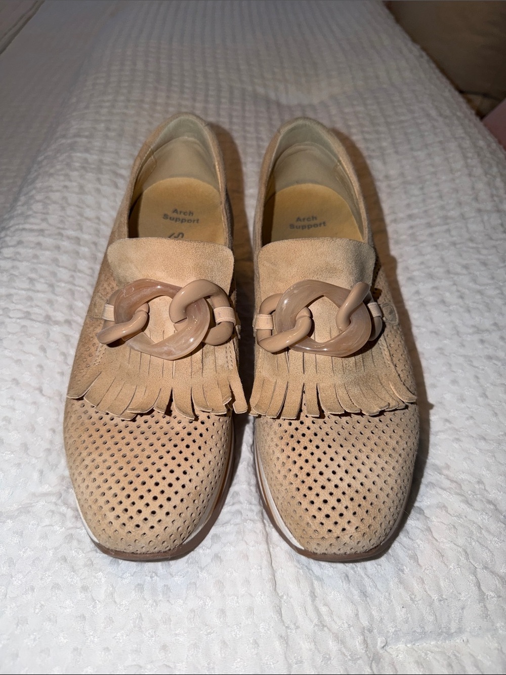 Softwares Women's Taupe Suede Fringe Loafers with Chain Accent NWOB size 37.5